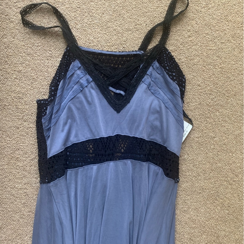Long Blue Summer Free People Dress with Black Lace Openings